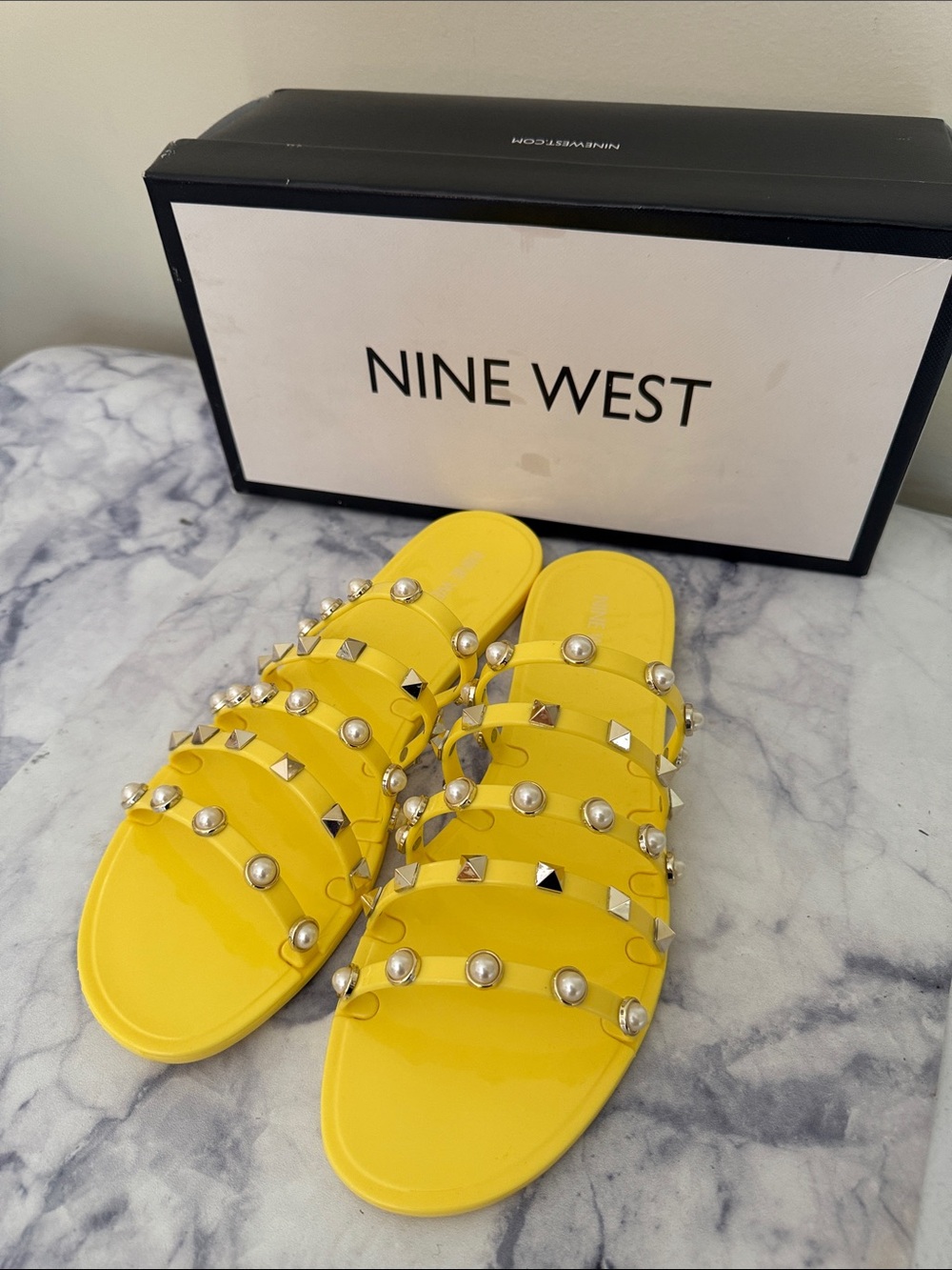 Nine West Yellow Studded Patent Slide Sandals